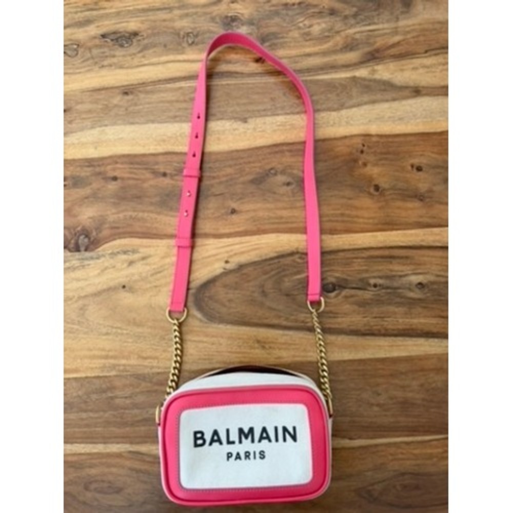Balmain Paris Canvas Leather Trim Camera Bag Pink Gold Chain Logo